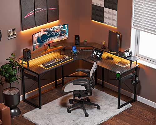 ODK Gaming Tisch 129x129 cm, Gaming Schreibtisch mit LED, PC Tisch Gaming mit 2 Steckdosen und 2 USB Ladeanschluss, Computertisch mit großzügiger Monitorablage, Kohlefaser Schwarz - 5